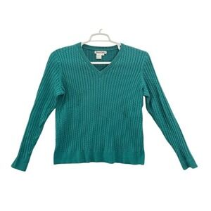 WinterSilks Teal Green Cotton Silk Cable Knit V-Neck Sweater Womens Medium